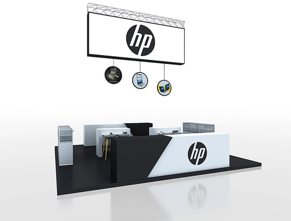 Trade show booth with counters and product showcase